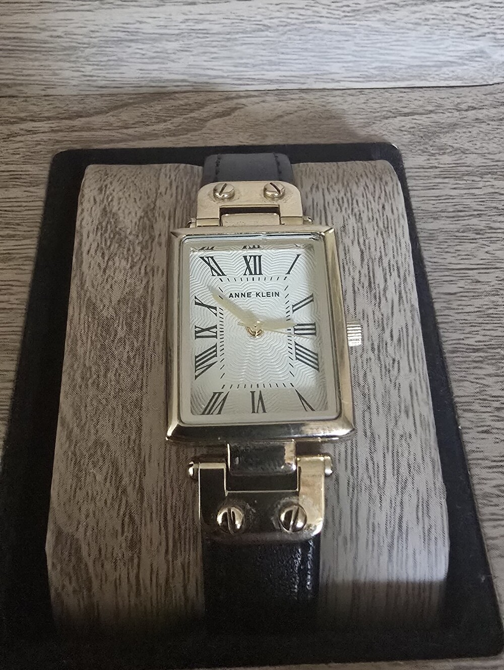 Anne Klein Gold-Tone Rectangle Watch with Black Strap